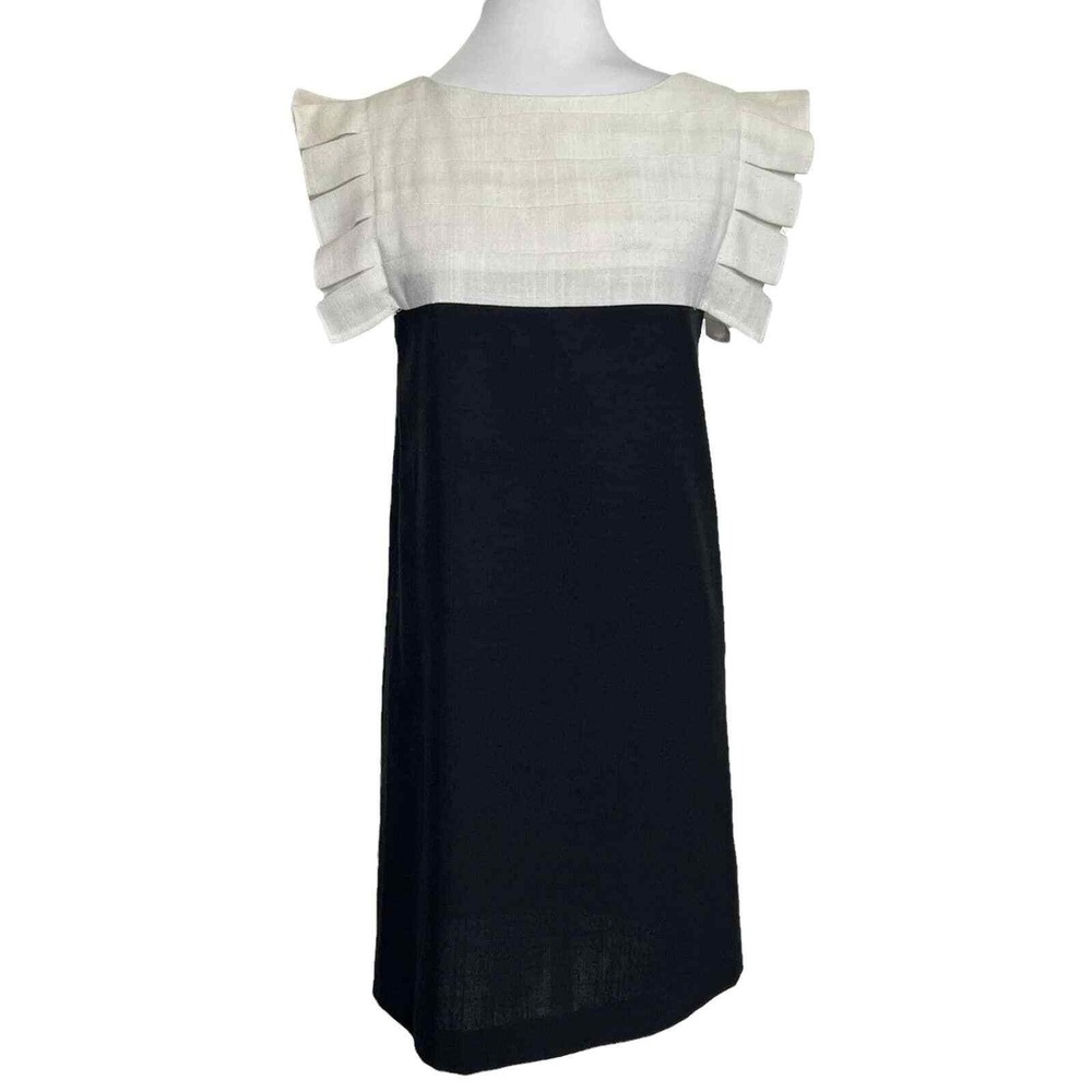 VTG David Warren Shift Dress 6 Mod Retro 60's Ruffle‎ Linen Pintuck Black White